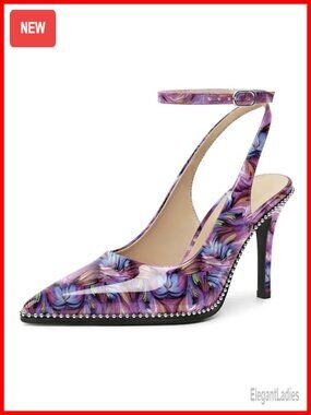 Slingback Heels Ankle Strap Pointed Toe Stiletto High Heel Beaded Pumps